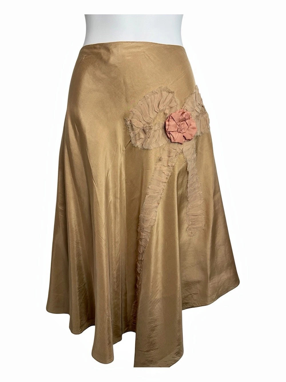 Tara Jarmon 100% Silk Asymmetric Midi Skirt Rosette Ribbon M Whimsygoth Romantic